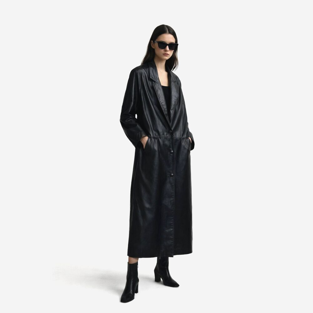 Vintage Black Leather Trench Coat Women M Long 90s Minimalist Goth Jacket